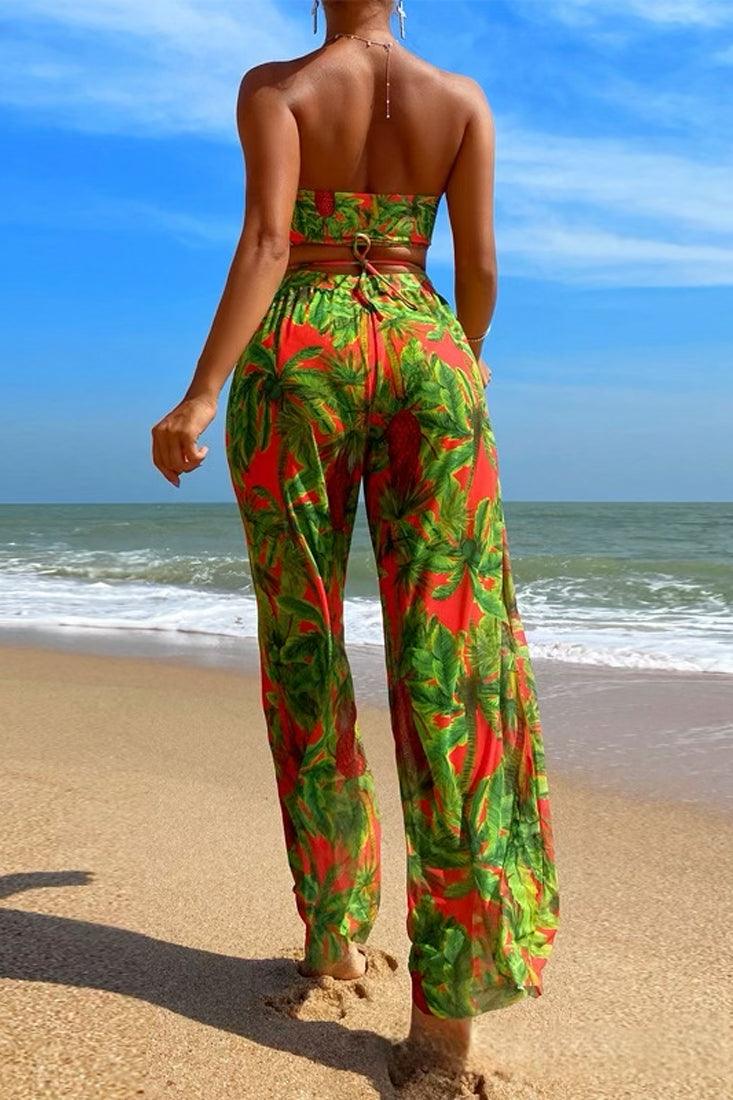 Green Red Palm Tree Print Bandeau High Waist Cheeky Pants Cover-Up 3Pc Swimsuit Set