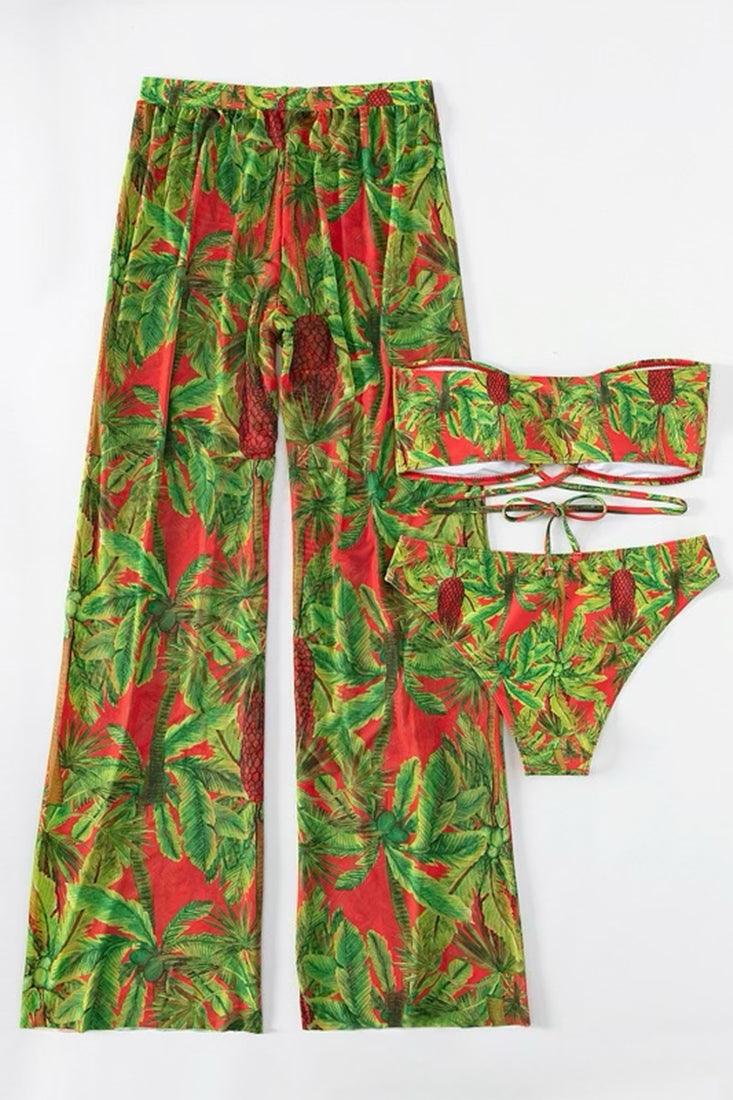 Green Red Palm Tree Print Bandeau High Waist Cheeky Pants Cover-Up 3Pc Swimsuit Set