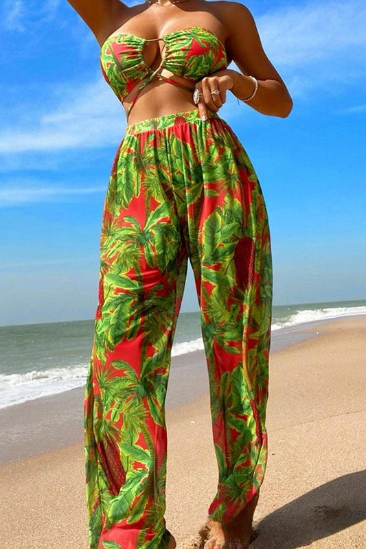 Green Red Palm Tree Print Bandeau High Waist Cheeky Pants Cover-Up 3Pc Swimsuit Set