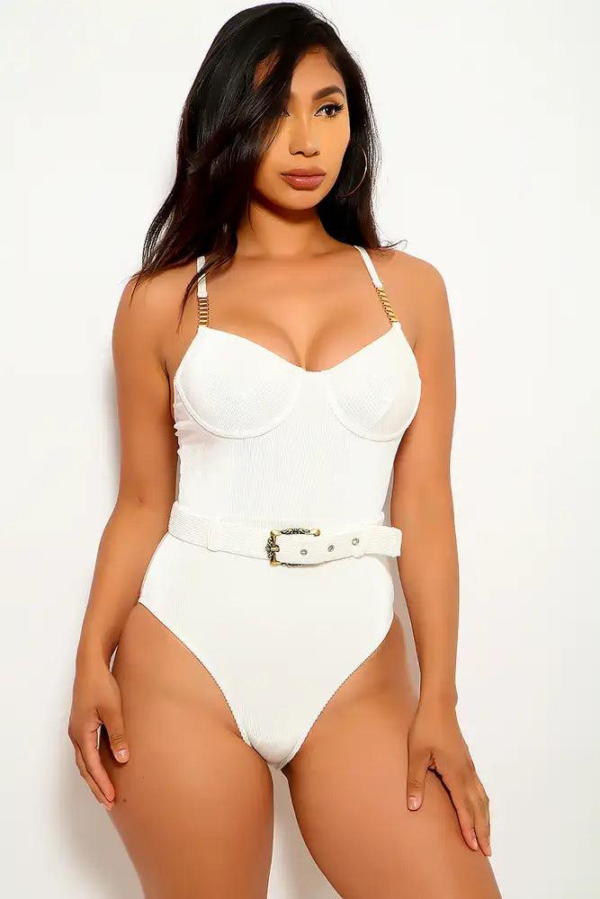 White Belted Velvet One Piece Swimsuit - Babewear