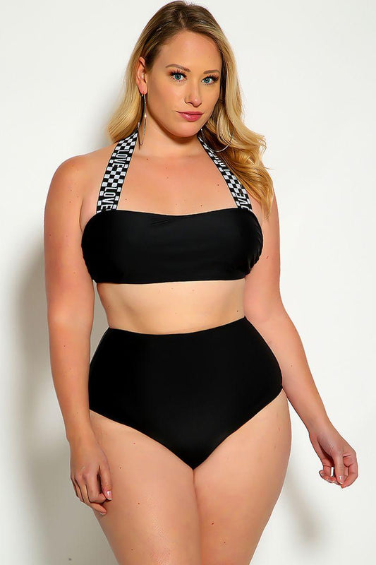 White Black Love Print Halter Bandeau High Waist Plus Size Swimsuit - Babewear