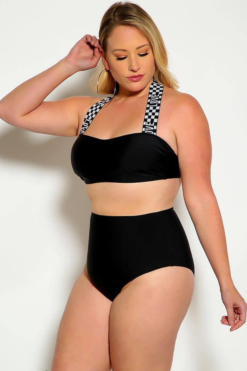 White Black Love Print Halter Bandeau High Waist Plus Size Swimsuit