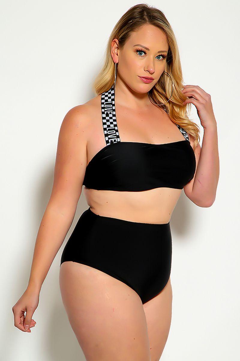 White Black Love Print Halter Bandeau High Waist Plus Size Swimsuit