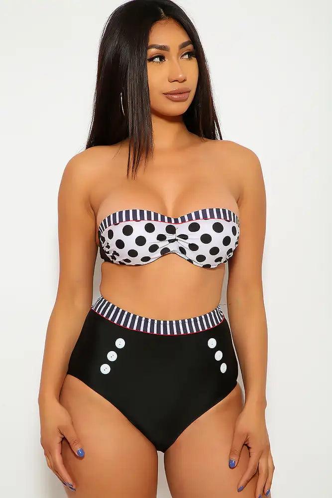 White Black Polka Dot High Waist Two Piece Swimsuit