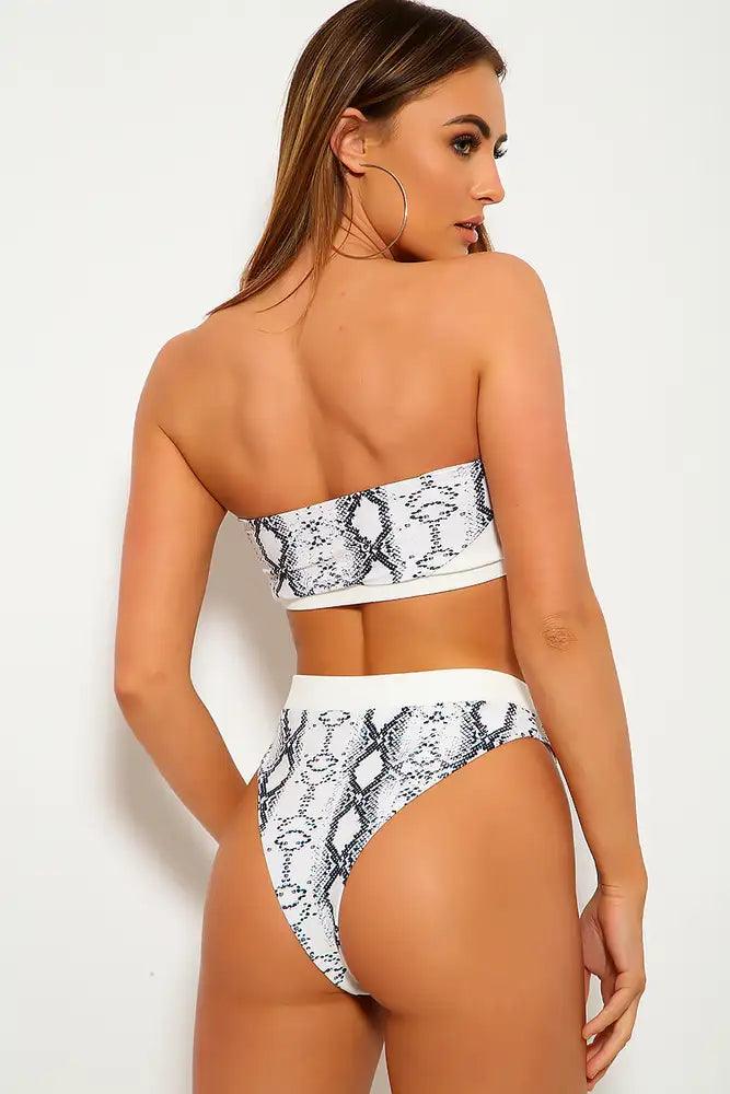 White Black Snake Print Bandeau Cheeky Two Piece Swimsuit