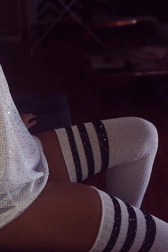 White Black Striped Rhinestone Thigh High Socks