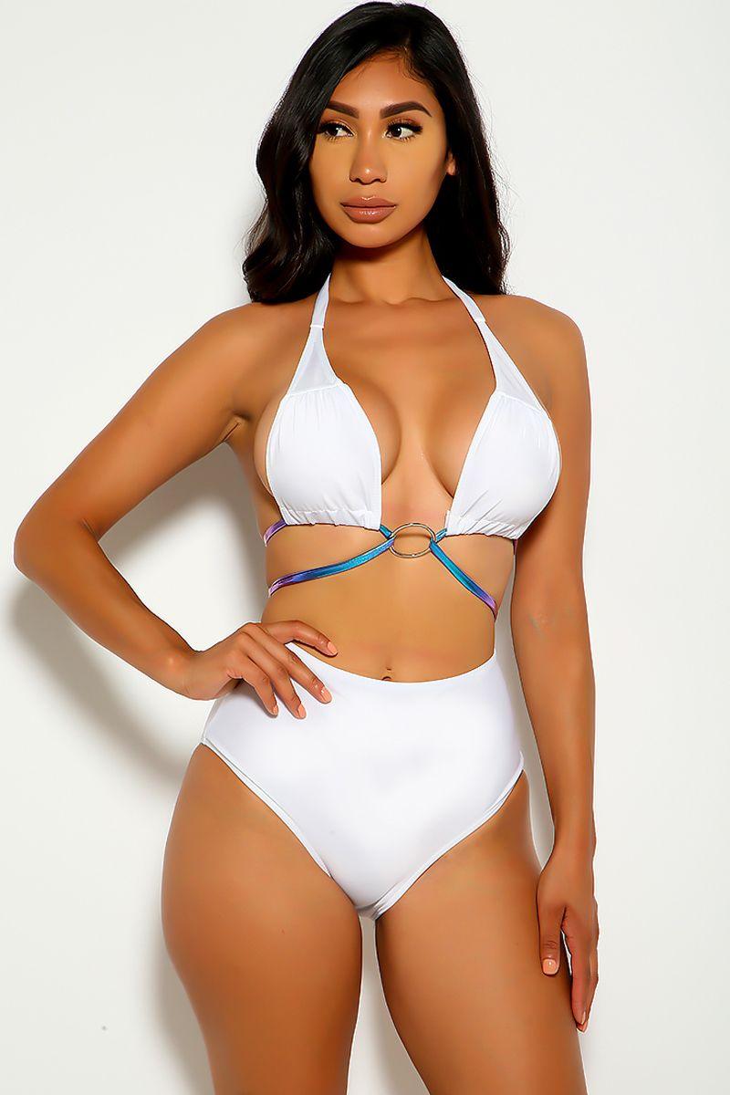 White Blue Purple O-ring Two Piece Swimsuit - Babewear