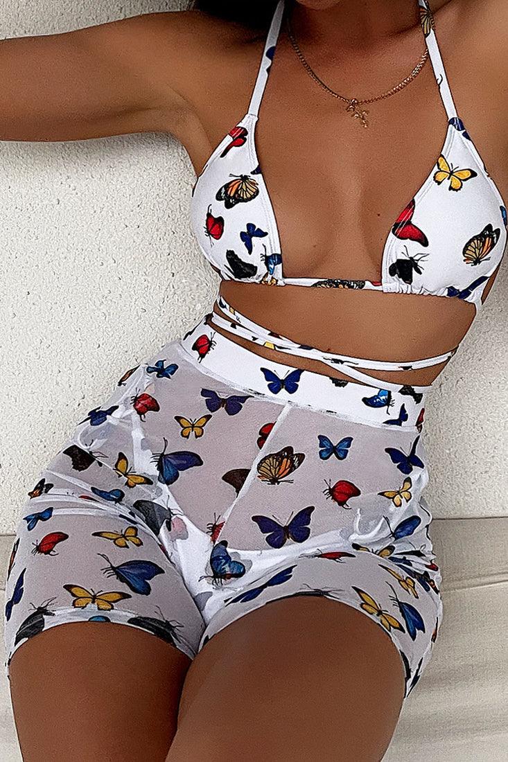 White Butterfly Print Sexy Strappy Three Piece Swimsuit