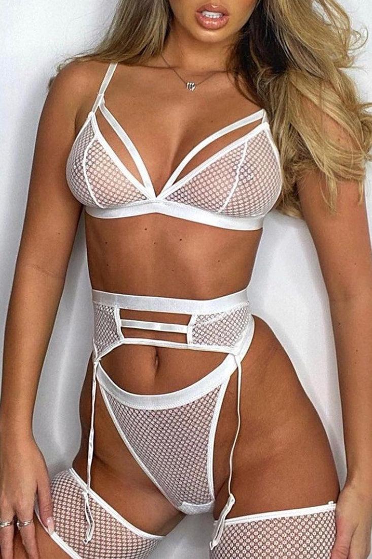 White Caged Sexy Netted Four Piece Lingerie Set