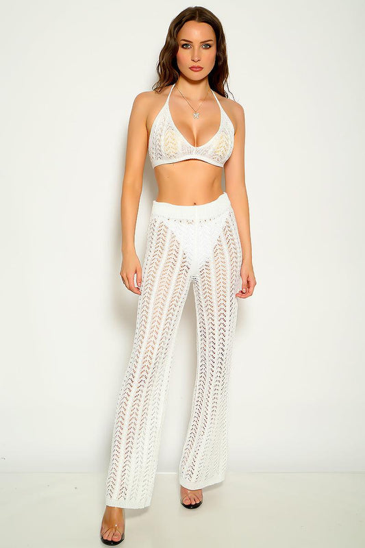 White Crochet Sleeveless Halter Two Piece Outfit