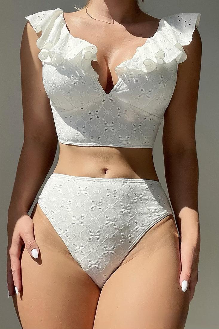 White Eyelet Ruffle Deep-V Bustier High Waist 2Pc Swimsuit Set