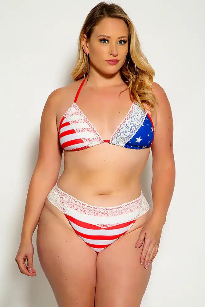 White Flag Lace Trim Pucker Back Plus Size Two Piece Bikini - Babewear