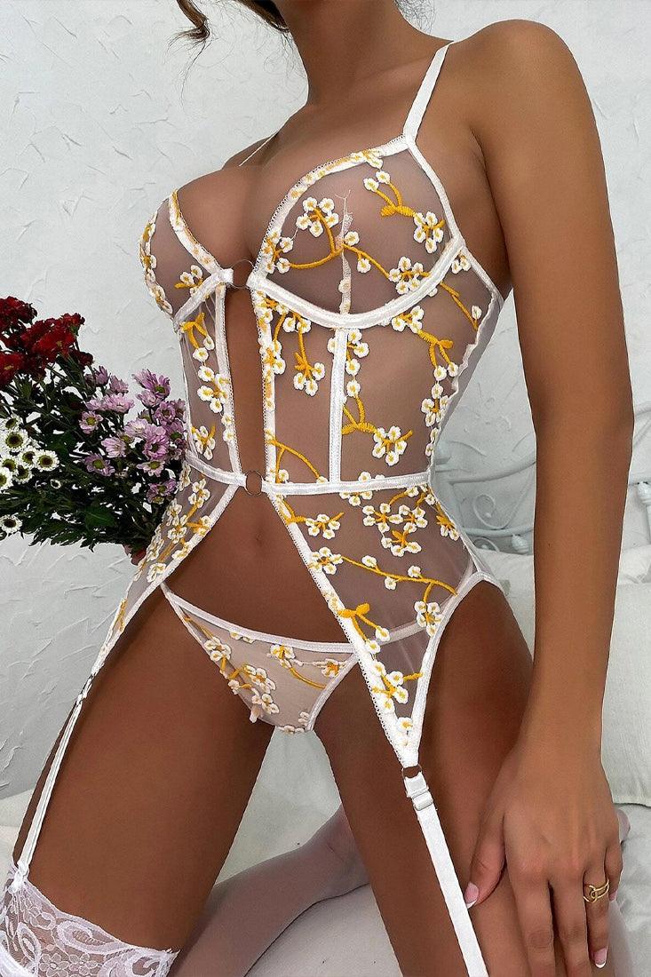 White Floral Embroidery Sheer Mesh Cheeky Lingerie Set