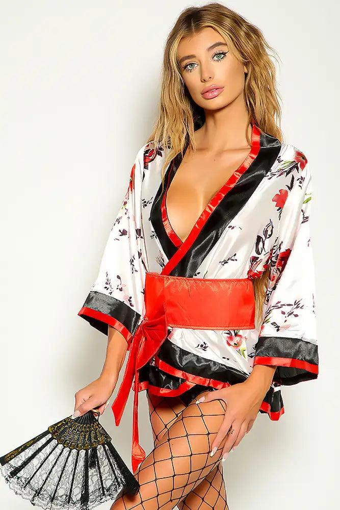 White Floral Long Sleeve Sexy Kimono Two Piece Costume