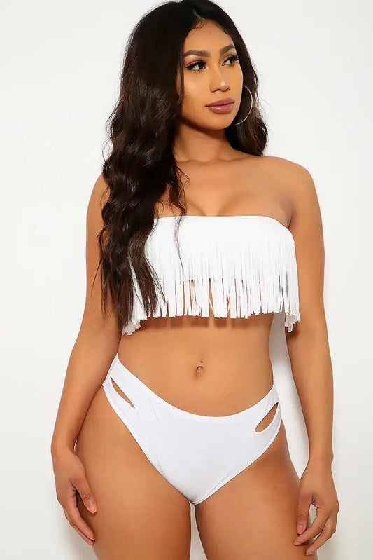 White Fringe Accent Sexy Two Piece Swimsuit