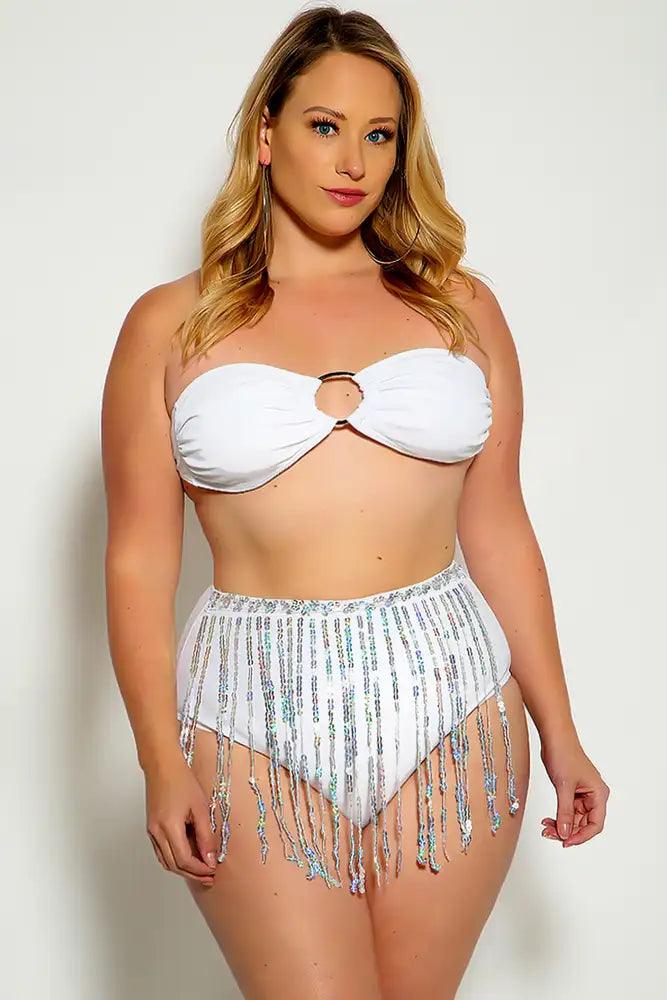 White Fringe Sequins Bandeau Plus Size Two Piece Swimsuit - Babewear