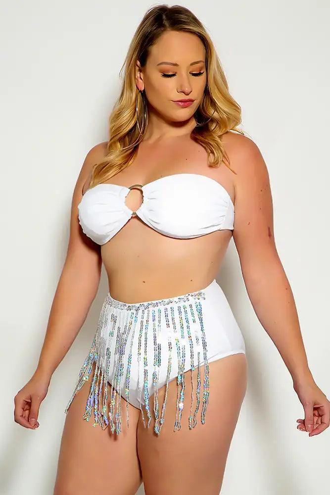 White Fringe Sequins Bandeau Plus Size Two Piece Swimsuit