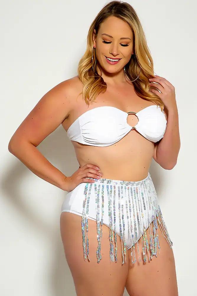 White Fringe Sequins Bandeau Plus Size Two Piece Swimsuit