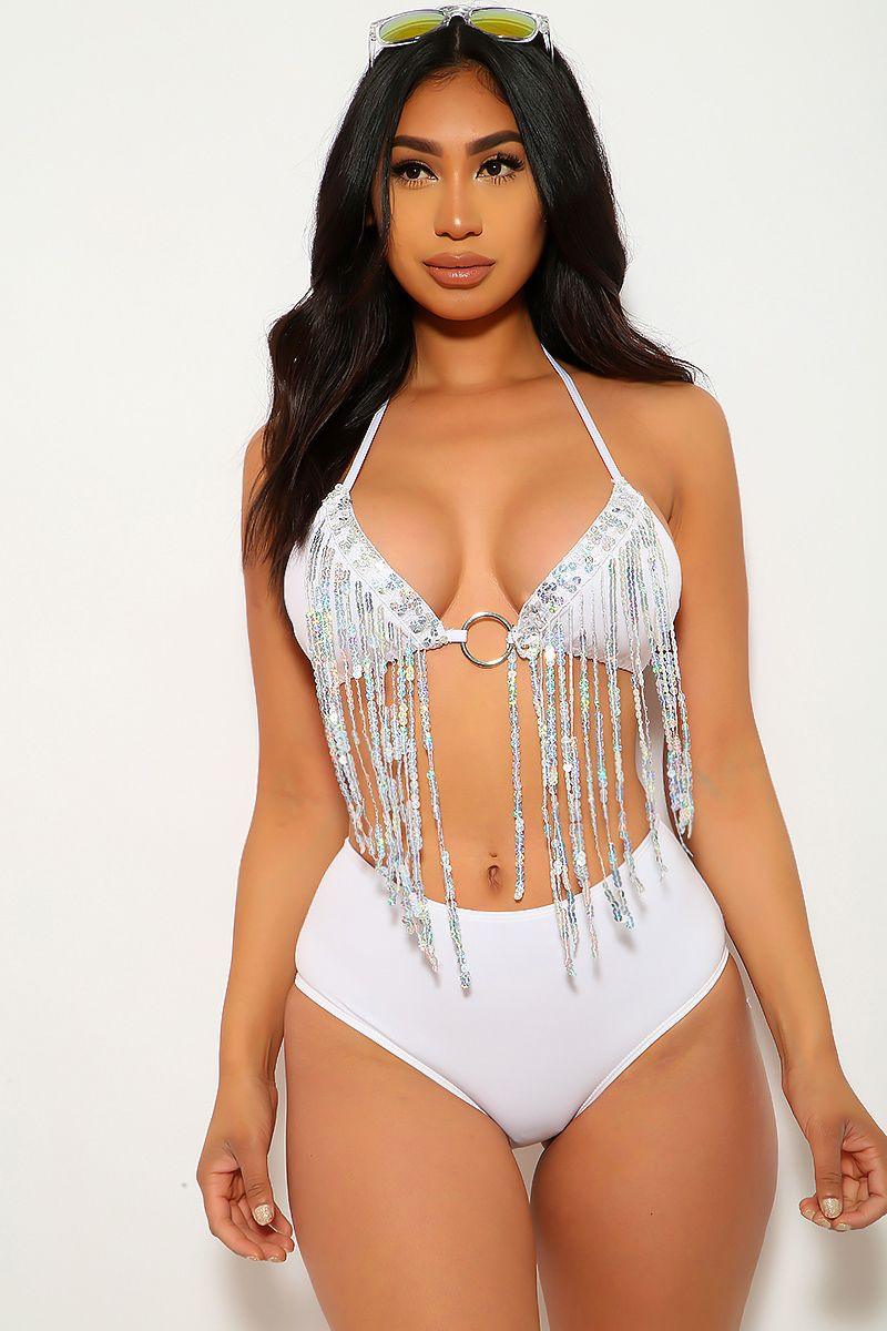 White Fringe Sequins Two Piece Swimsuit - Babewear