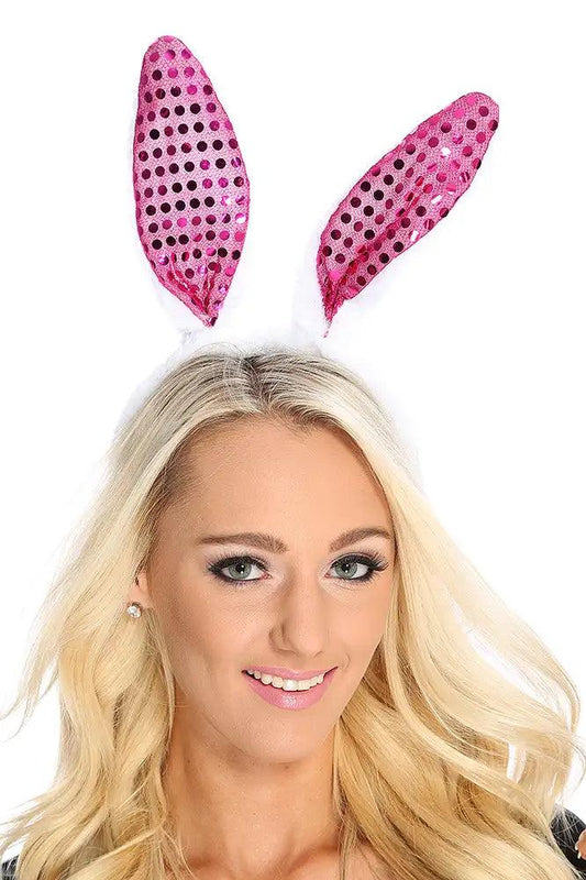 White Fuchsia Sequin Faux Fur Bunny Ears - Babewear