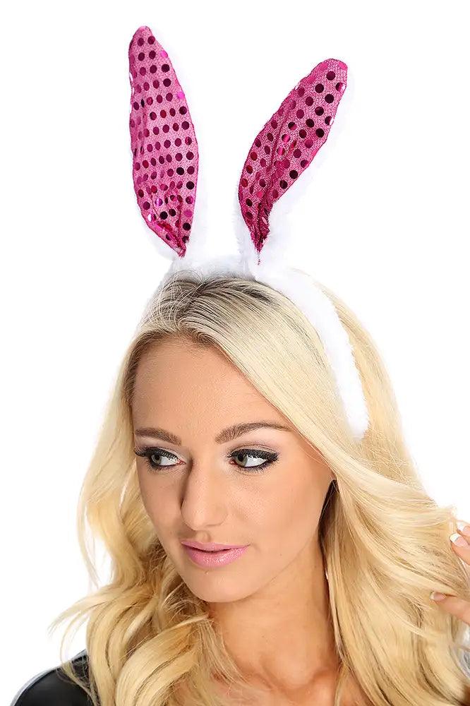 White Fuchsia Sequin Faux Fur Bunny Ears