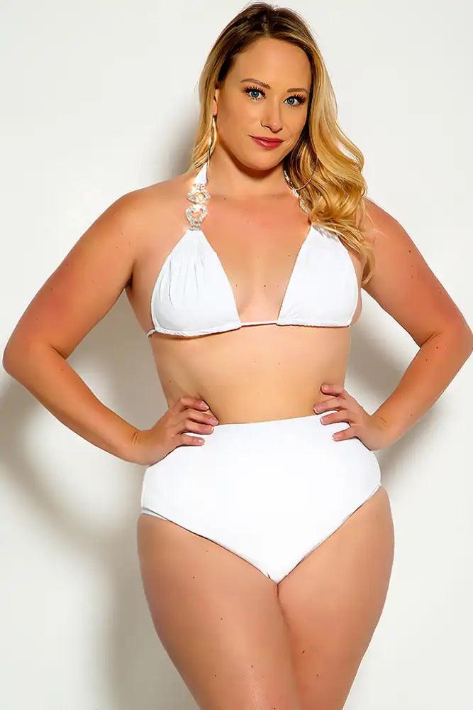 White Halter Rhinestone Detail High Waist Plus Size Two Piece Swimsuit - Babewear