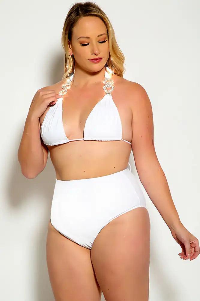 White Halter Rhinestone Detail High Waist Plus Size Two Piece Swimsuit