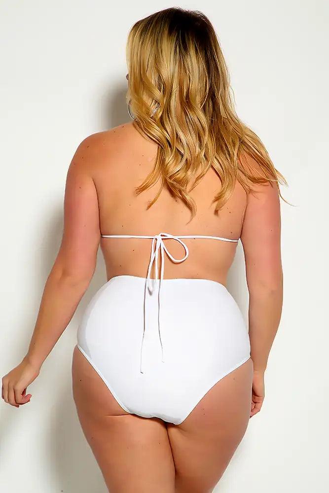 White Halter Rhinestone Detail High Waist Plus Size Two Piece Swimsuit