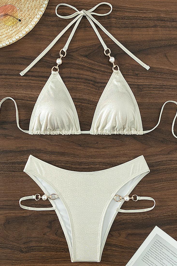 White Holographic Shiny Pearl Strappy Triangle Cheeky 2 Pc Sexy Swimsuit Set Bikini