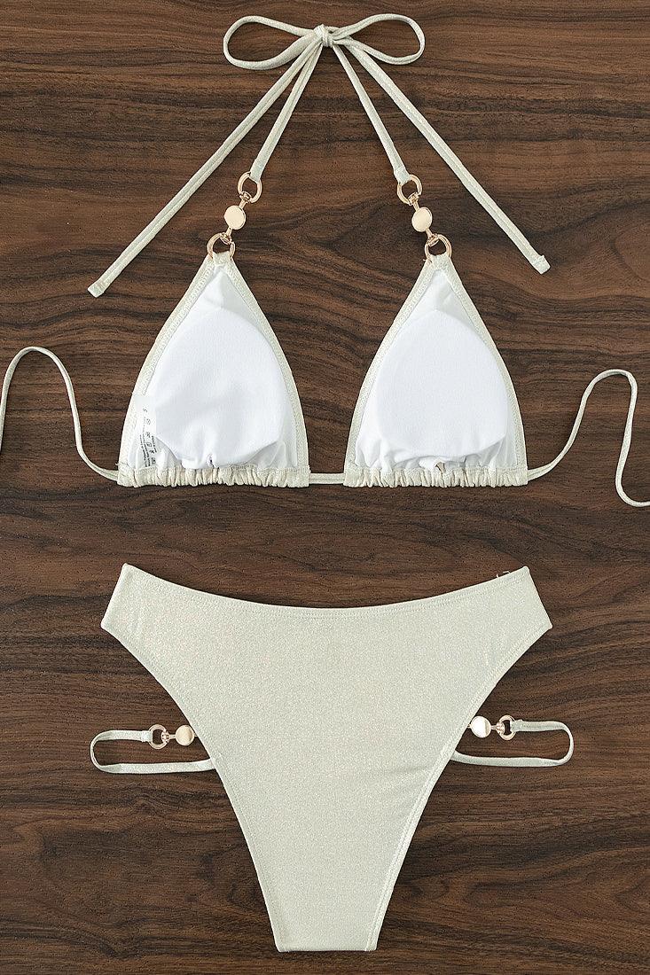 White Holographic Shiny Pearl Strappy Triangle Cheeky 2 Pc Sexy Swimsuit Set Bikini