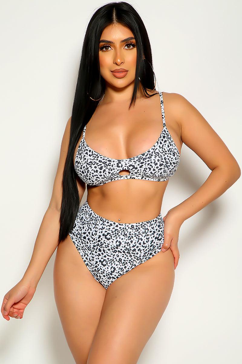 White Leopard Print High Waist Two Piece Swimsuit