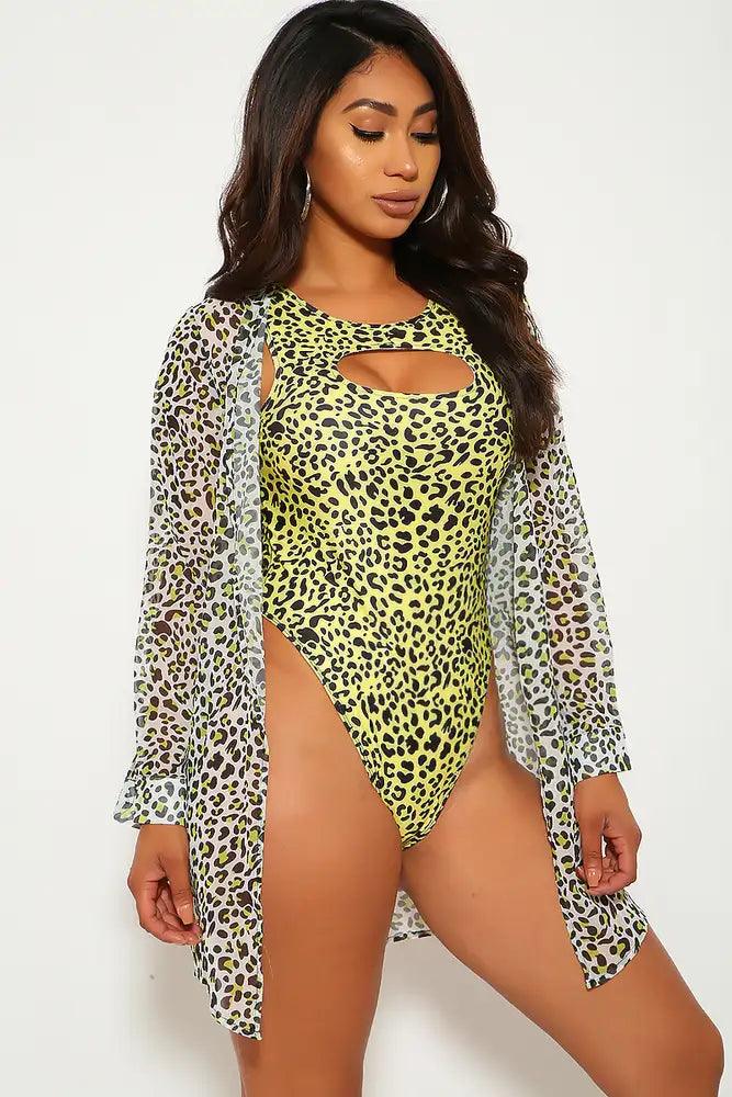 White Lime Leopard Print Two Piece Swimsuit