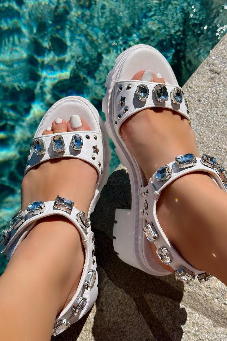 White Lug Sole Rhinestone Studs Comfy Chunky Heels