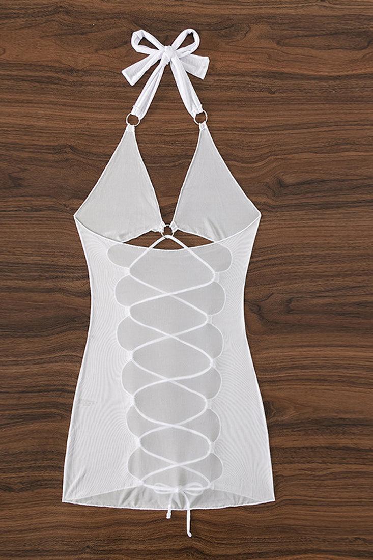 White Mesh Lace Up Swimsuit Cover Up Dress