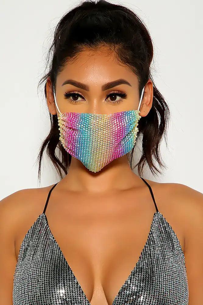 White Multi Rhinestones Face Mask - Babewear