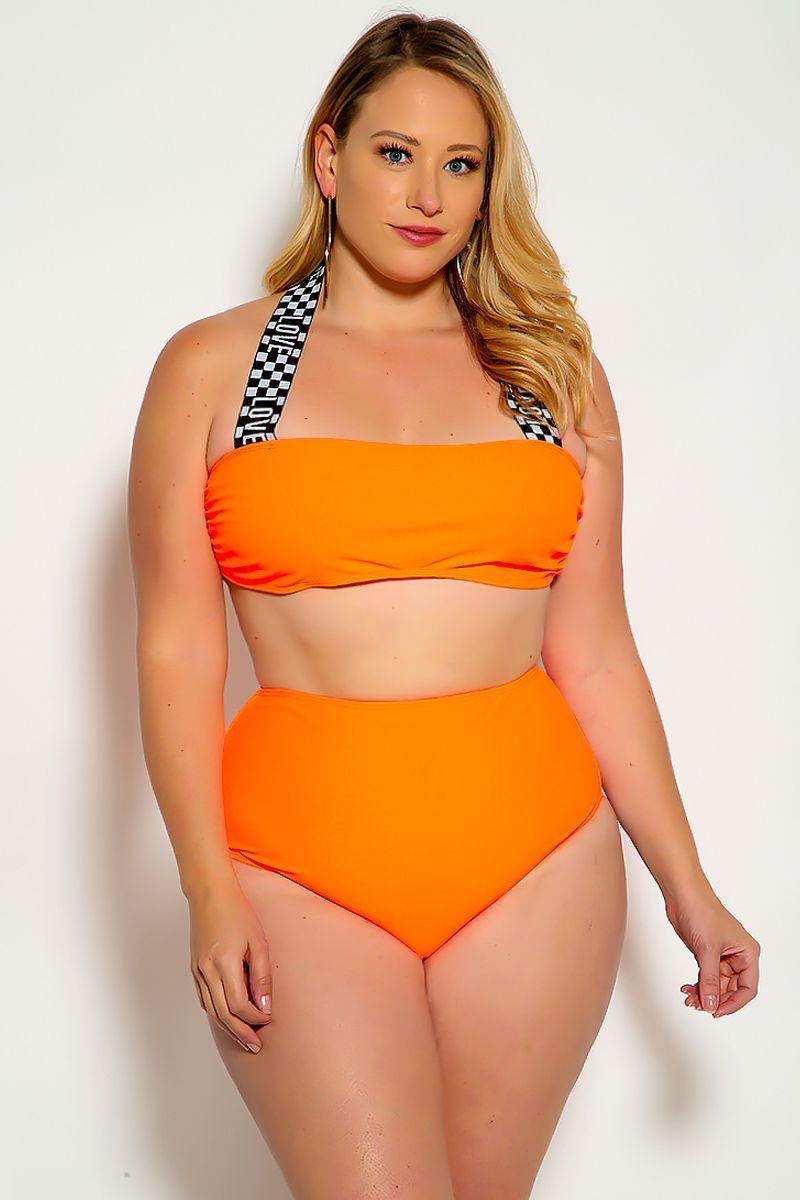 White Neon Orange Love Print Halter Bandeau High Waist Plus Size Swimsuit - Babewear