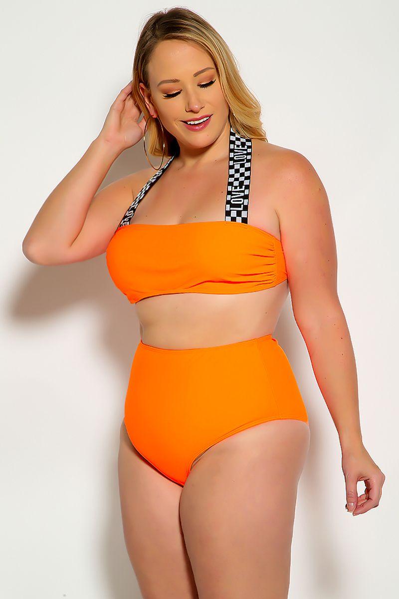 White Neon Orange Love Print Halter Bandeau High Waist Plus Size Swimsuit