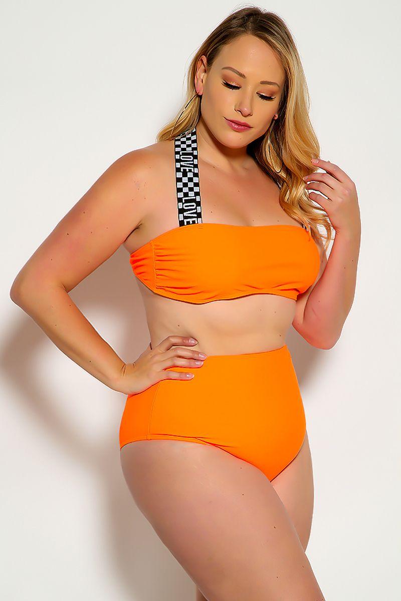 White Neon Orange Love Print Halter Bandeau High Waist Plus Size Swimsuit