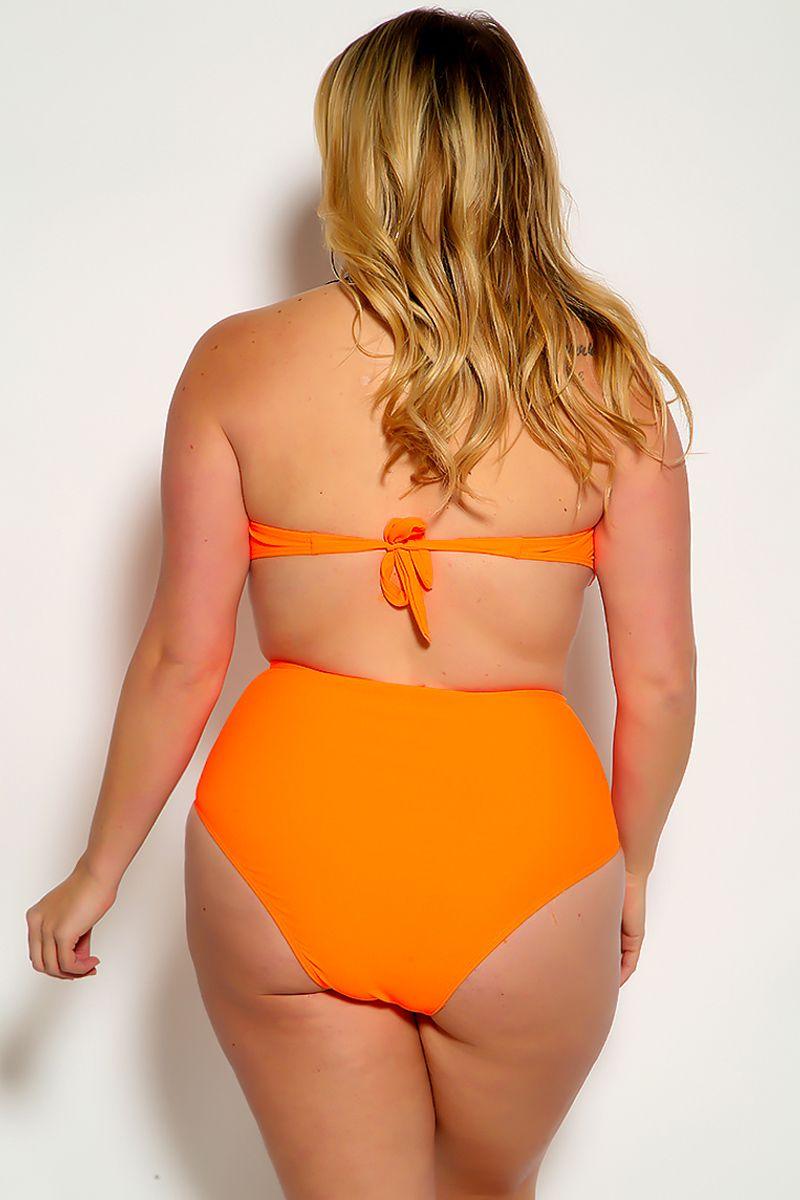 White Neon Orange Love Print Halter Bandeau High Waist Plus Size Swimsuit