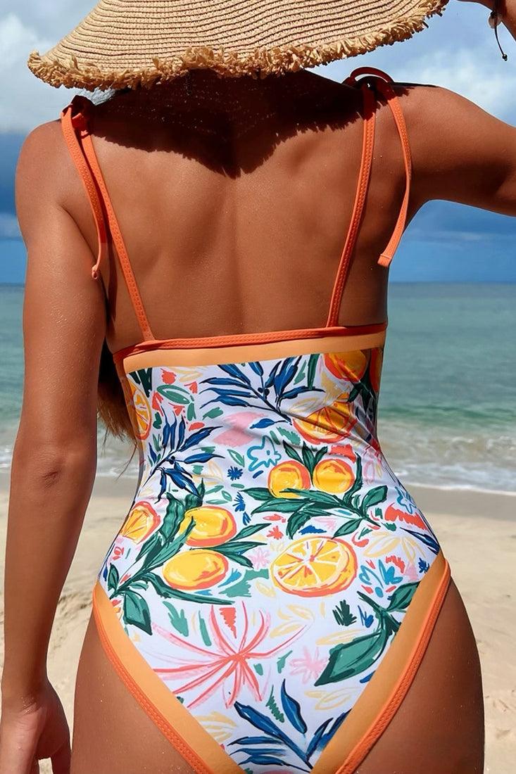 White Orange Italian Citrus Print Ribbon Tie Sexy 1Pc Swimsuit Monokini