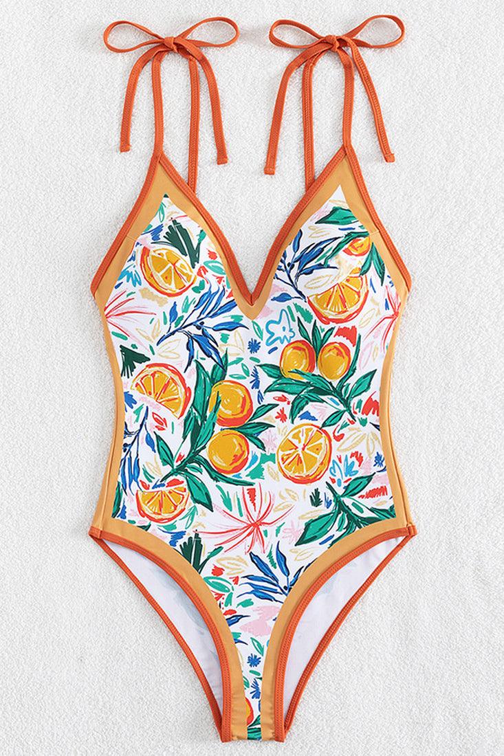 White Orange Italian Citrus Print Ribbon Tie Sexy 1Pc Swimsuit Monokini