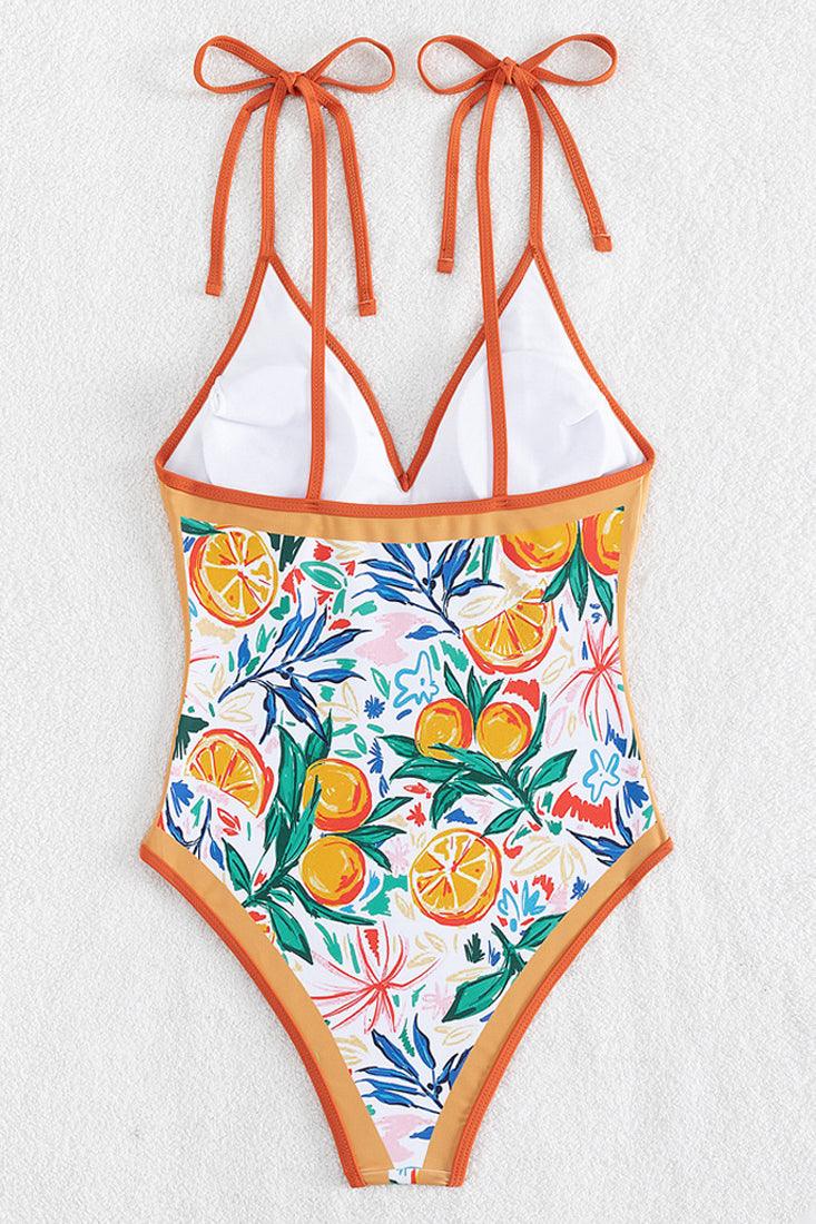 White Orange Italian Citrus Print Ribbon Tie Sexy 1Pc Swimsuit Monokini