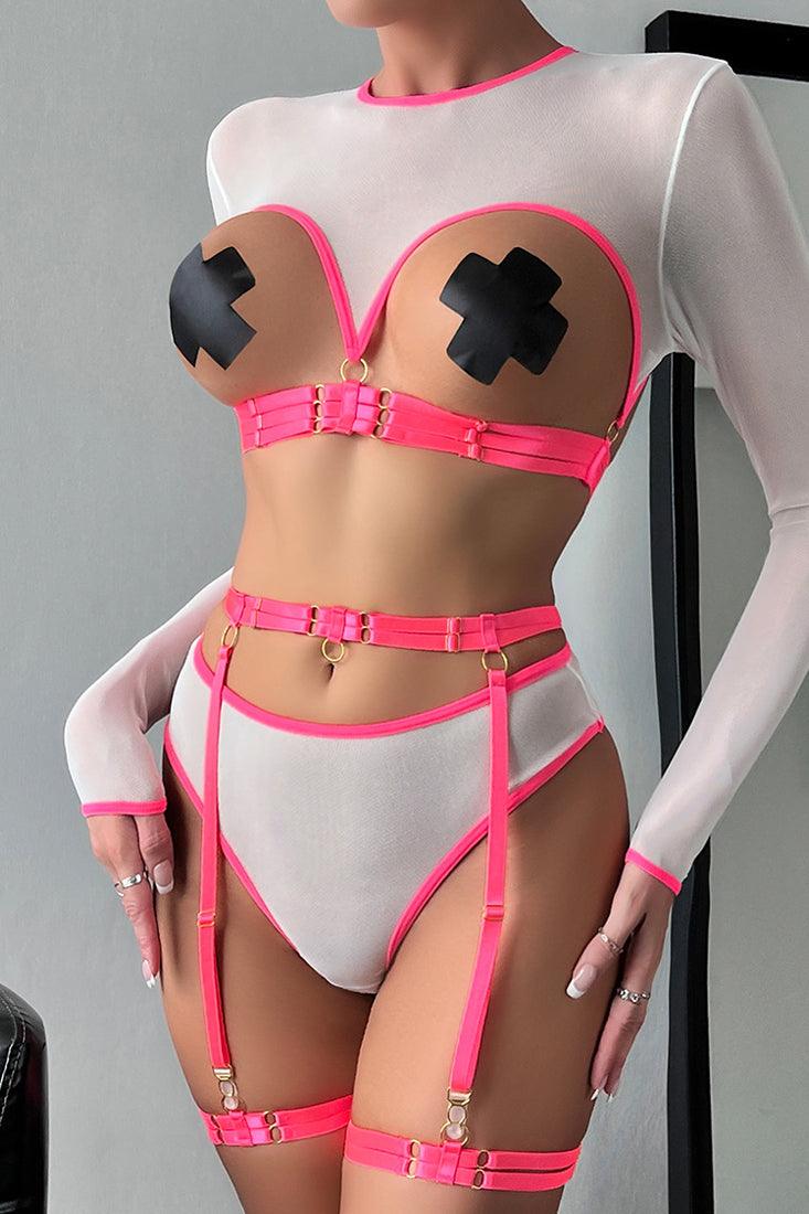 White Pink Mesh Strappy Long Sleeve Thong Garter Best 5Pc Lingerie Set