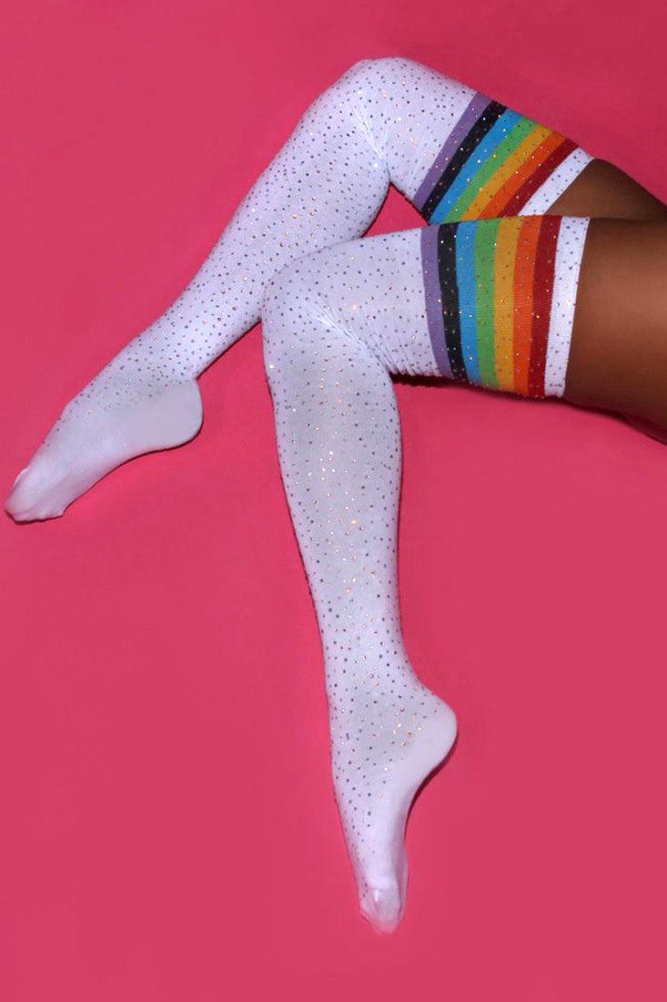 White Rainbow Striped Rhinestone Thigh High Socks