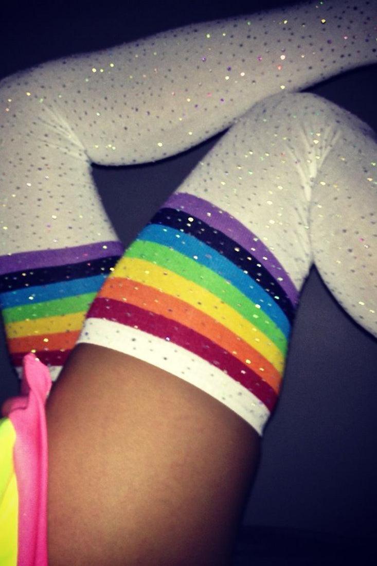 White Rainbow Striped Rhinestone Thigh High Socks