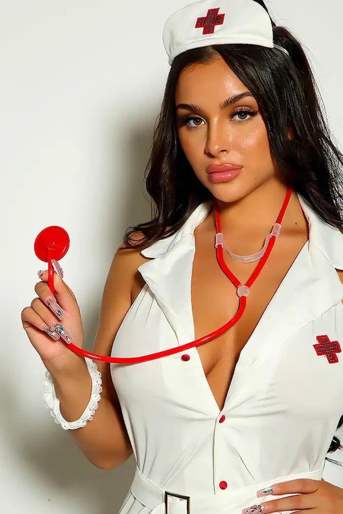 White Red Collared Button Up 4 Piece Nurse Costume