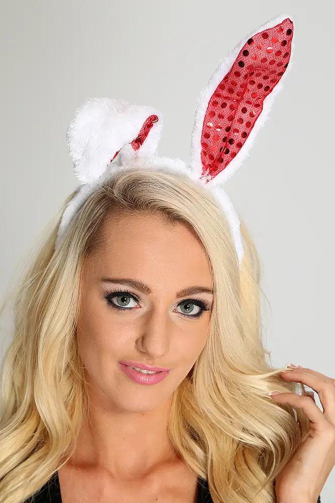 White Red Sequin Faux Fur Bunny Ears - Babewear