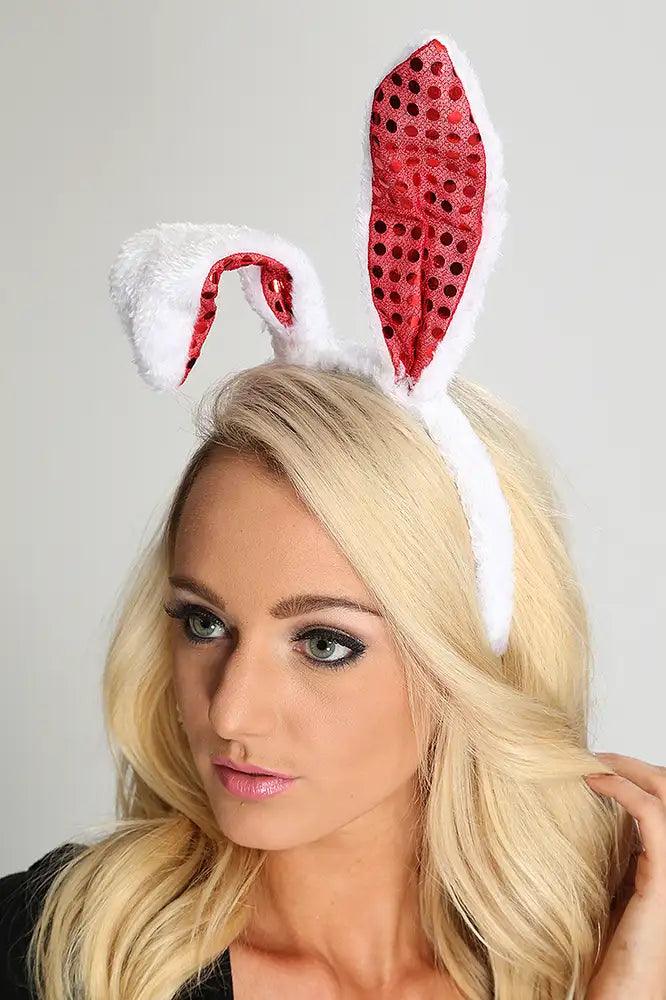 White Red Sequin Faux Fur Bunny Ears