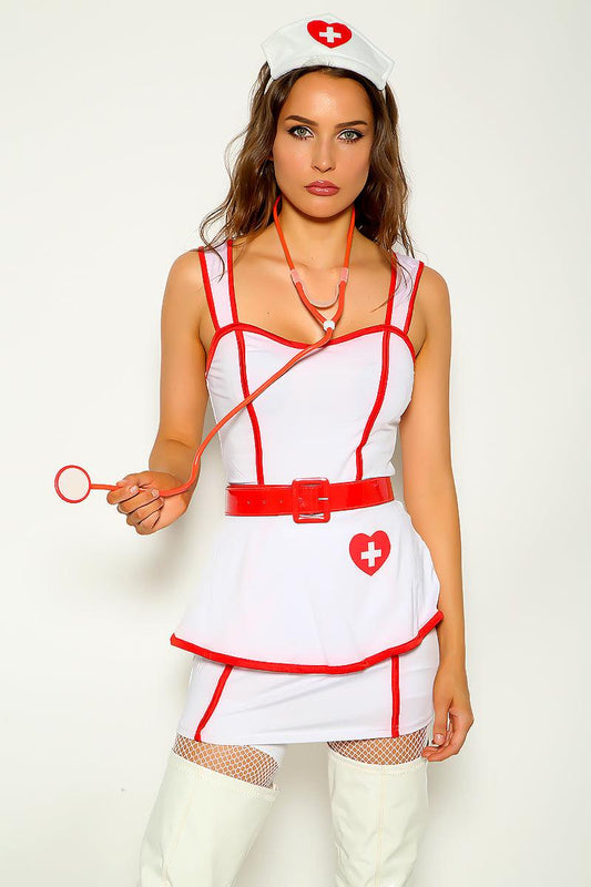 White Red Sexy Nurse Sleeveless 4 Pc Costume