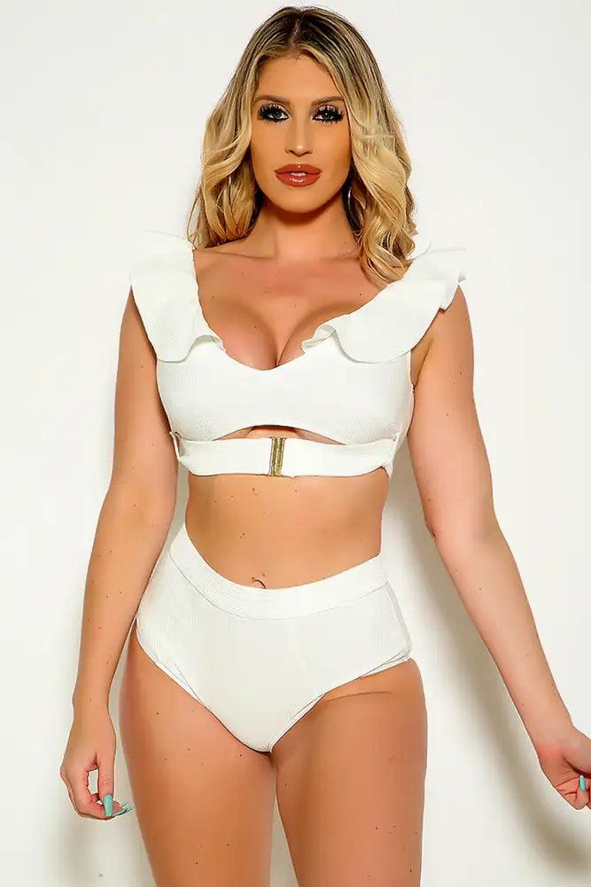 White Ribbed Ruffled High Polish Detail High Waist Two Piece Swimsuit - Babewear